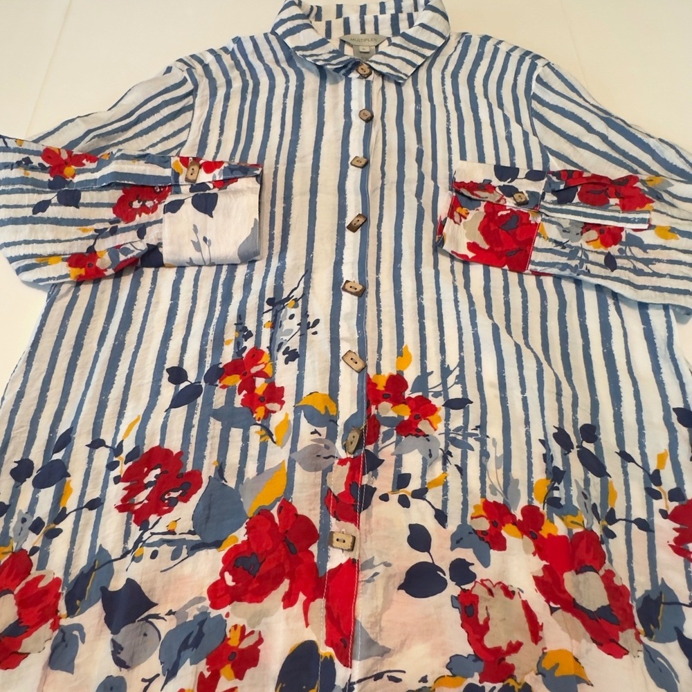 Multiples Blue & White Striped Floral Button-Up Blouse - Picture 2 of 10